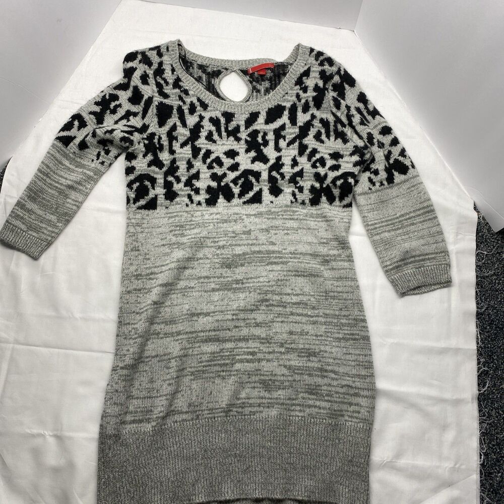 LIV Grey Abstract Leopard Print Knit Tunic Dress XL Boho Keyhole Back Cozy Soft